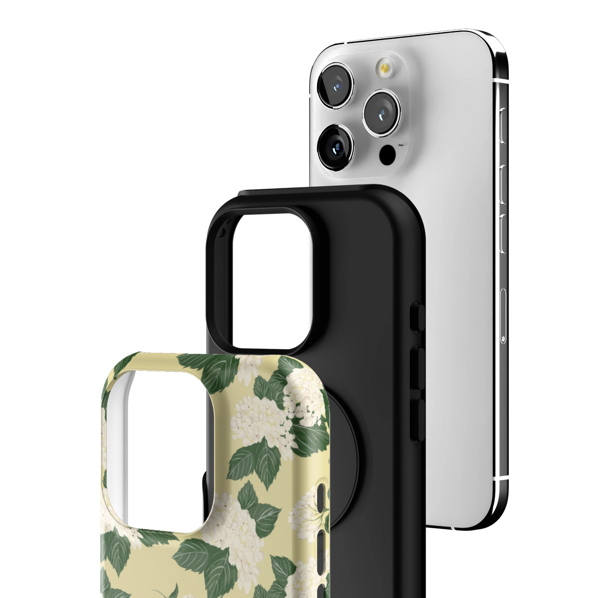 Exploded view of the Hydrangea iPhone 16 Pro case: printed shell, black inner layer with MagSafe ring, and phone