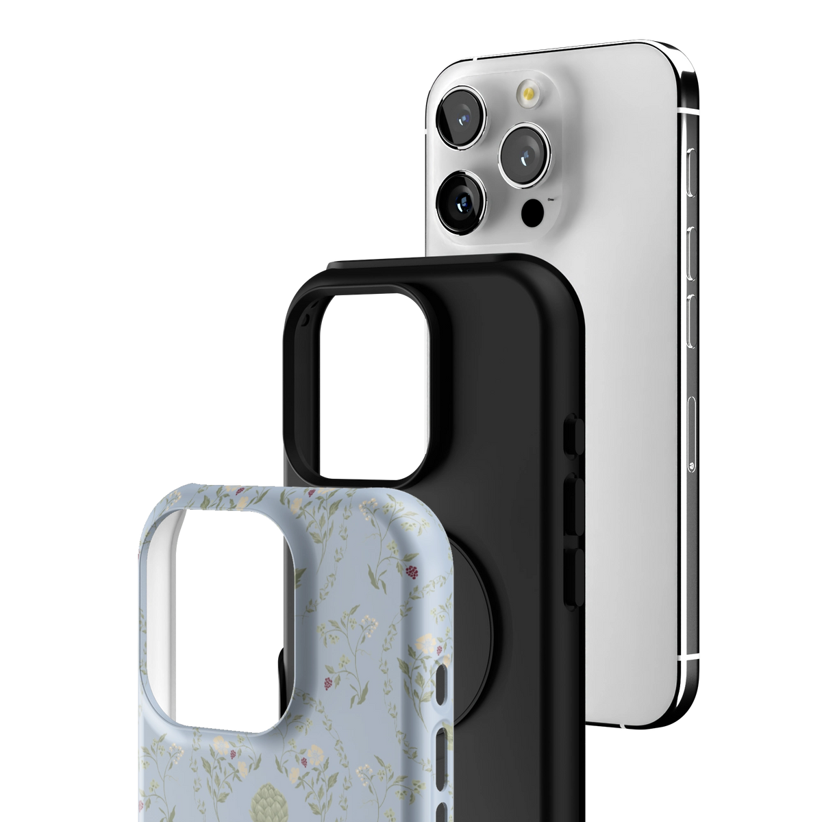Exploded view of the Artichoke iPhone 16 Pro case: printed shell, black inner layer with MagSafe ring, and phone