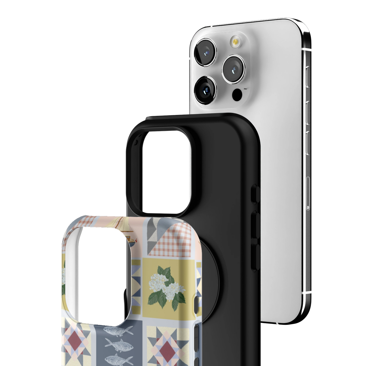 Exploded view of the Coastal Quilt iPhone 16 Pro case: printed shell, black inner layer with MagSafe ring, and phone