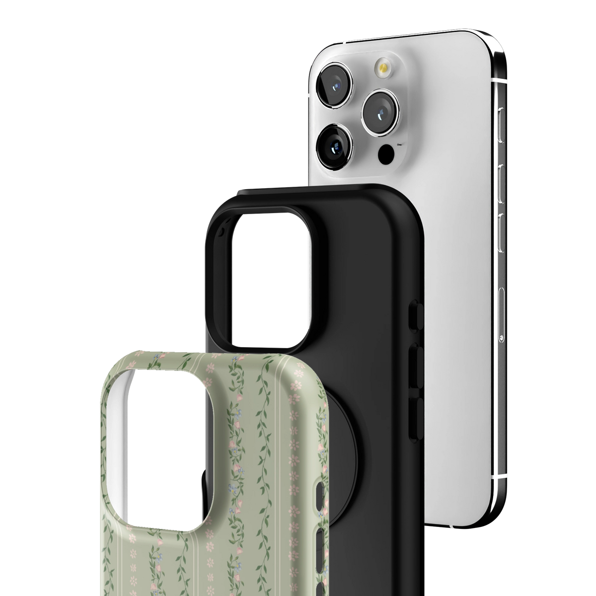 Exploded view of the Camellia iPhone 16 Pro case: printed shell, black inner layer with MagSafe ring, and phone