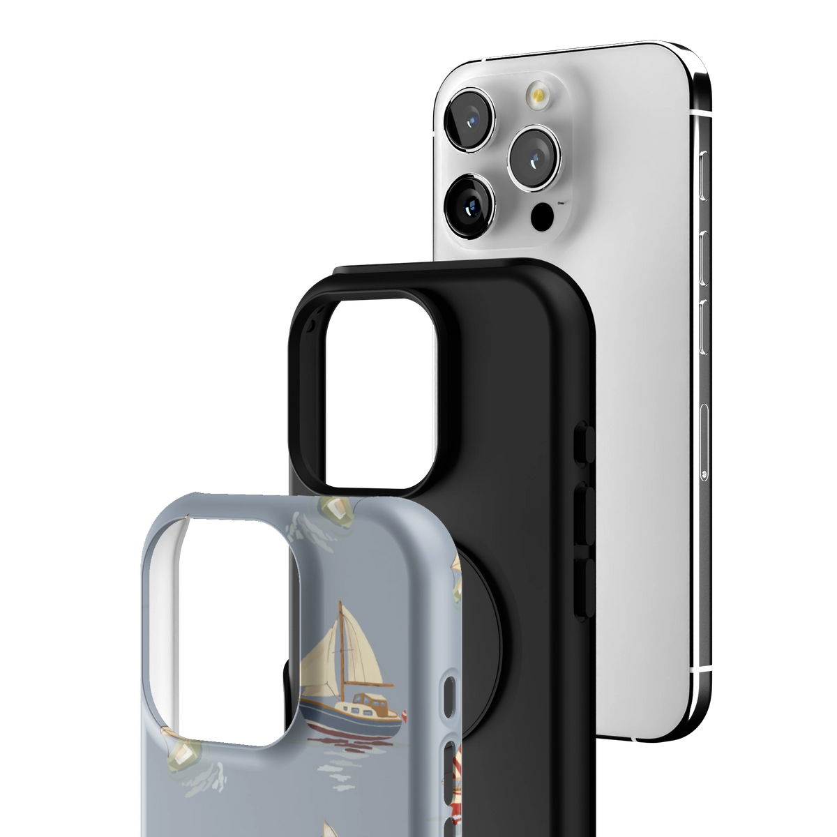 Exploded view of the Harbor iPhone 16 Pro case: printed shell, black inner layer with MagSafe ring, and phone