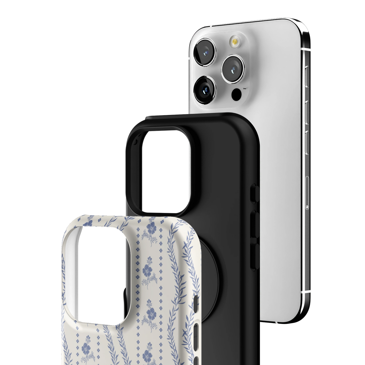 Exploded view of the Riviera iPhone 16 Pro case: printed shell, black inner layer with MagSafe ring, and phone