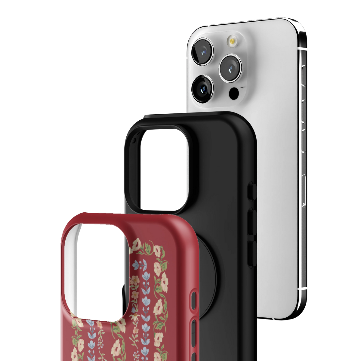 Exploded view of the Fiona iPhone 16 Pro case: printed shell, black inner layer with MagSafe ring, and phone