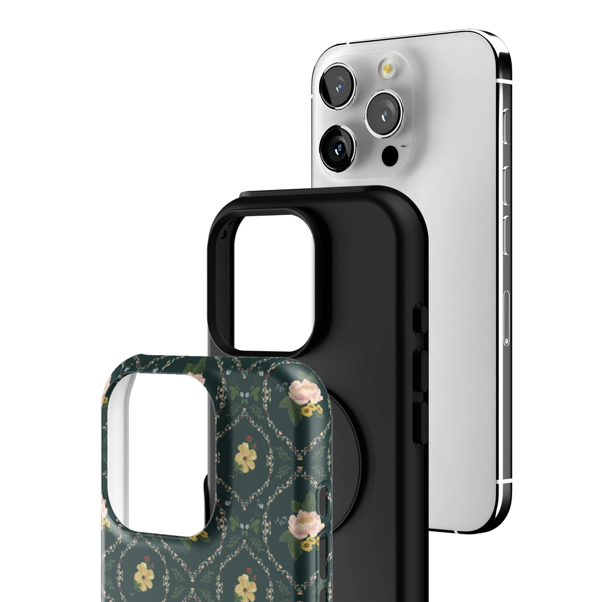 Exploded view of the Meadow iPhone 16 Pro case: printed shell, black inner layer with MagSafe ring, and phone