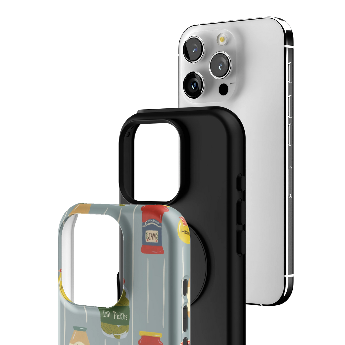 Exploded view of the Preserves Personalized iPhone 16 Pro case: printed shell, black inner layer with MagSafe ring, and phone