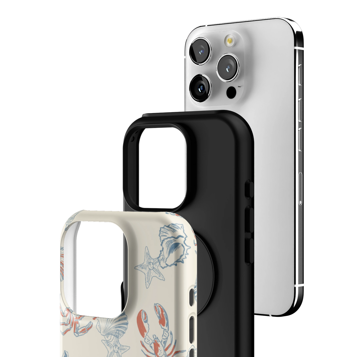 Exploded view of the Mariner Personalized iPhone 16 Pro case: printed shell, black inner layer with MagSafe ring, and phone