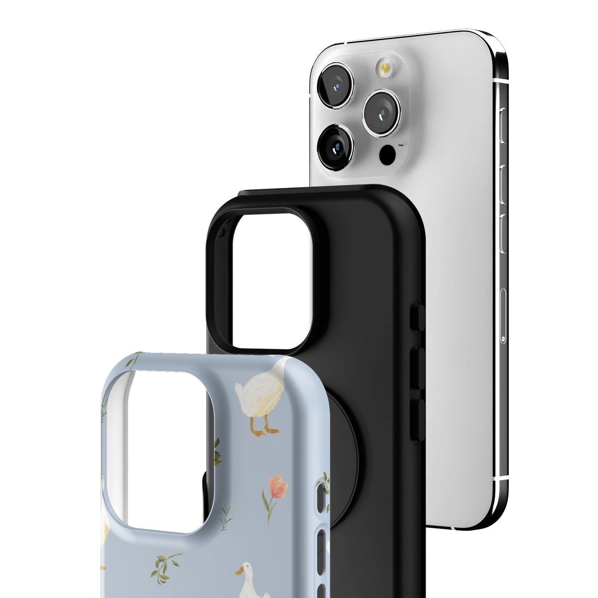 Exploded view of the Ducks iPhone 16 Pro case: printed shell, black inner layer with MagSafe ring, and phone