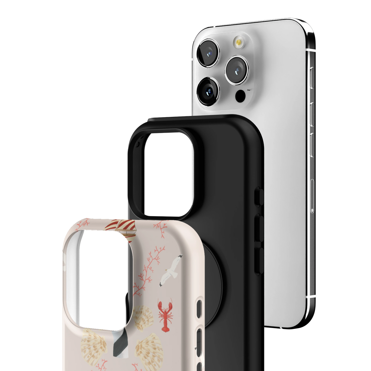 Exploded view of the Lighthouse Personalized iPhone 16 Pro case: printed shell, black inner layer with MagSafe ring, and phone