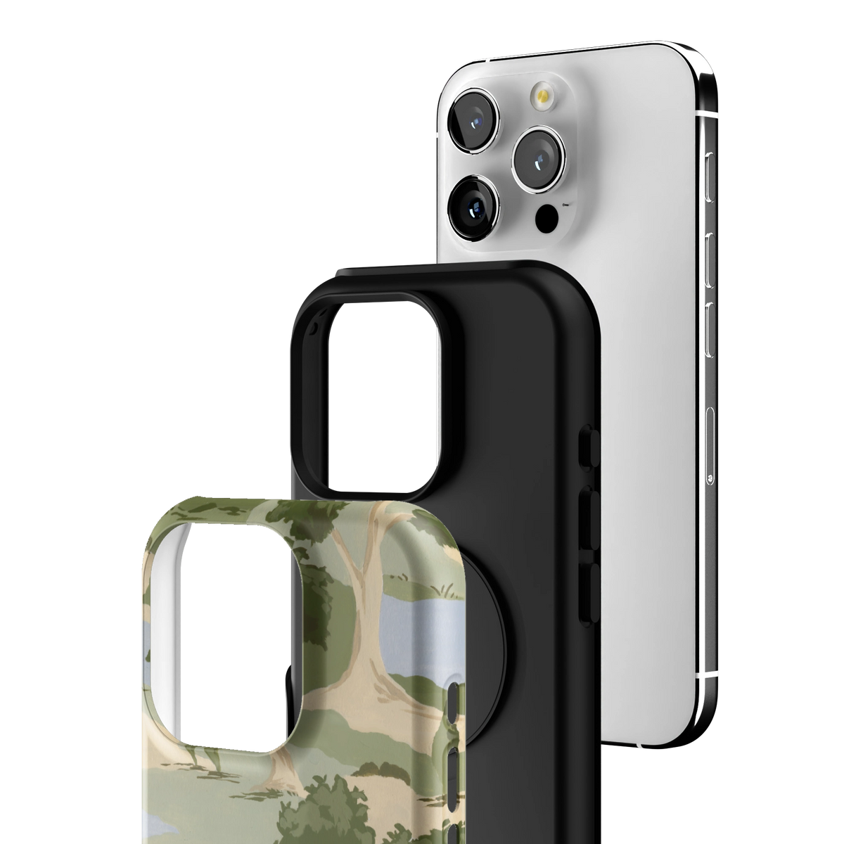 Exploded view of the Orchard iPhone 16 Pro case: printed shell, black inner layer with MagSafe ring, and phone