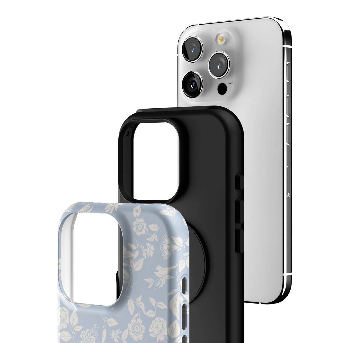 Exploded view of the Spritz iPhone 16 Pro case: printed shell, black inner layer with MagSafe ring, and phone