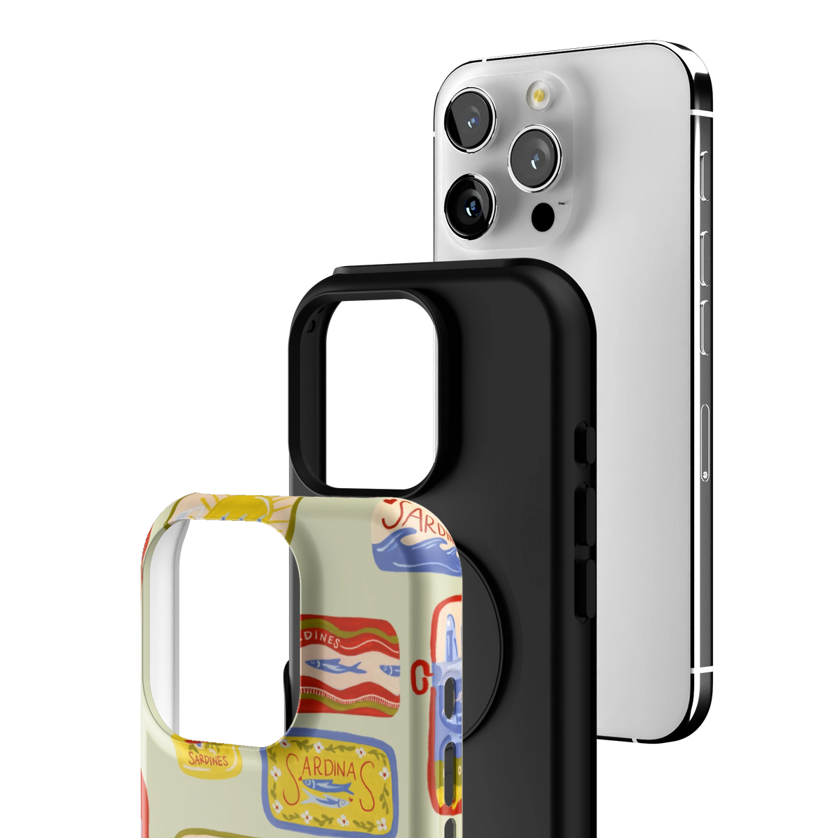Exploded view of the Sardines Personalized iPhone 16 Pro case: printed shell, black inner layer with MagSafe ring, and phone