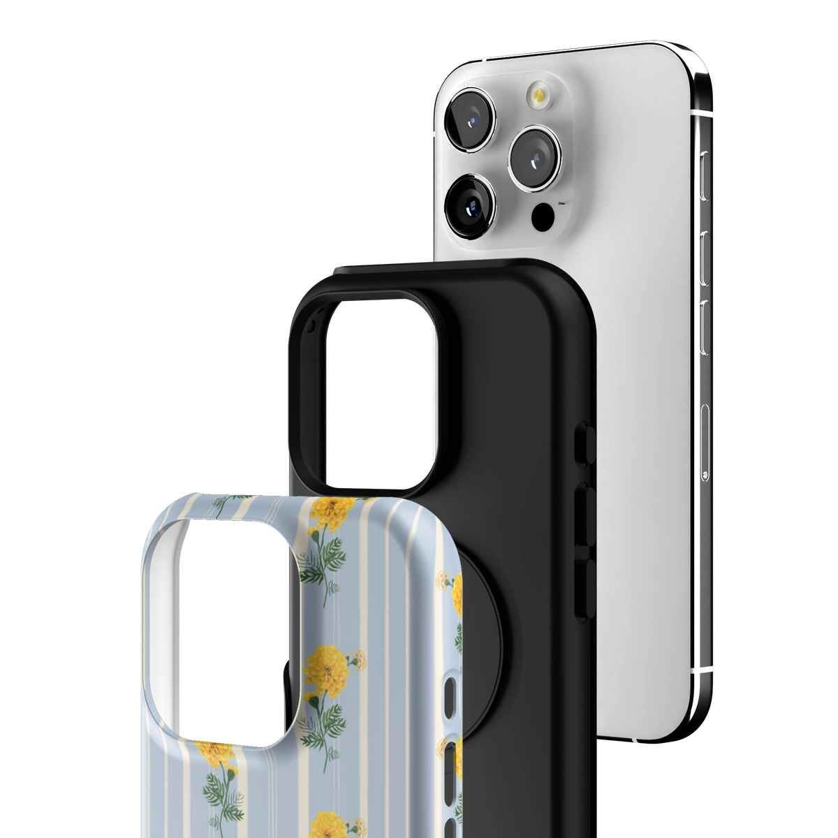 Exploded view of the October Birth Month iPhone 16 Pro case: printed shell, black inner layer with MagSafe ring, and phone