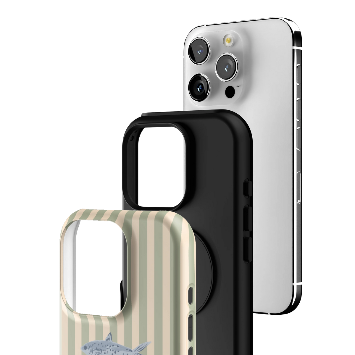 Exploded view of the Sea Stripes iPhone 16 Pro case: printed shell, black inner layer with MagSafe ring, and phone