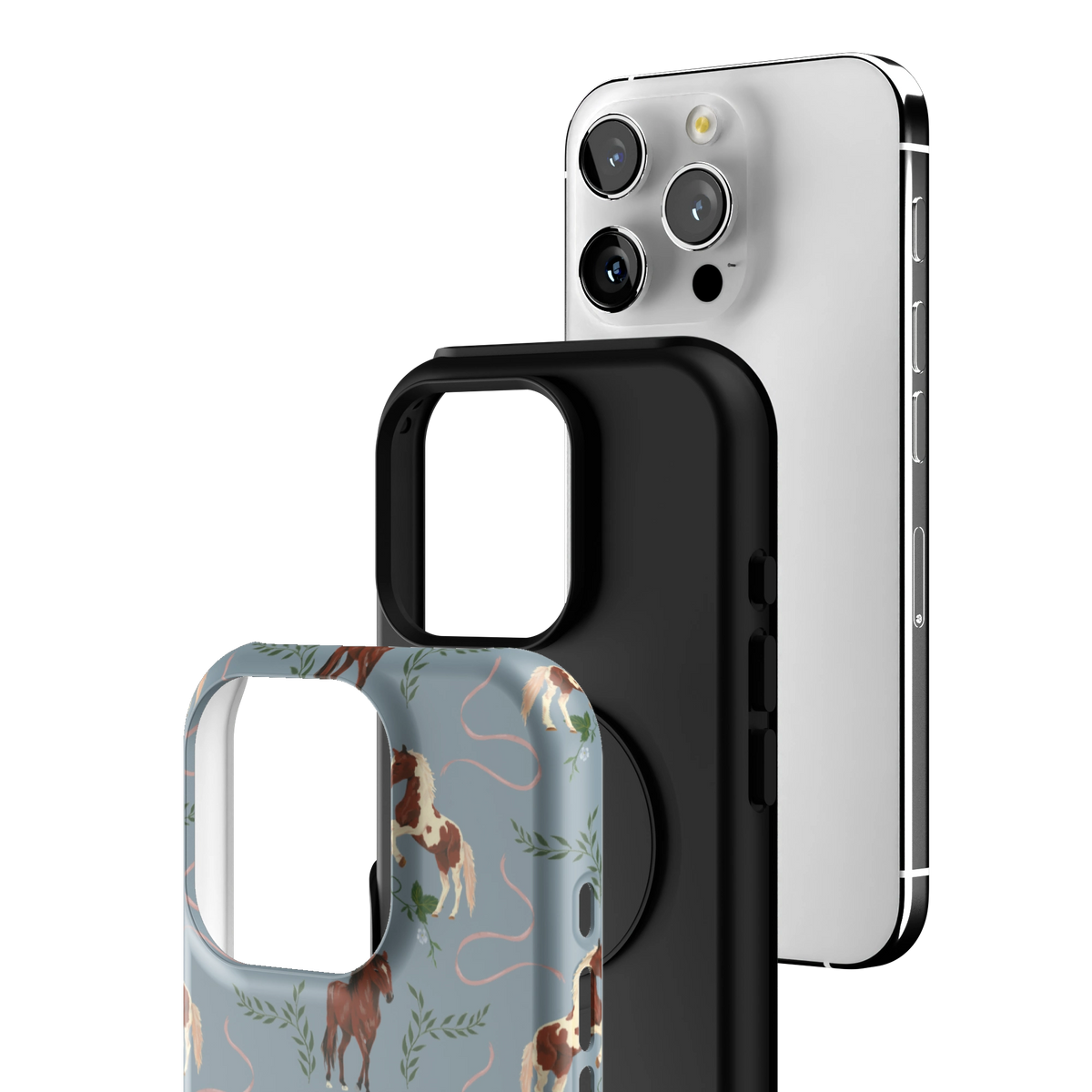 Exploded view of the Prairie Personalized iPhone 16 Pro case: printed shell, black inner layer with MagSafe ring, and phone