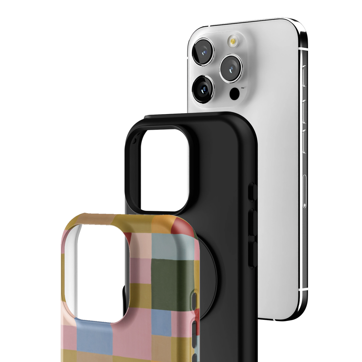 Exploded view of the Colorblock iPhone 16 Pro case: printed shell, black inner layer with MagSafe ring, and phone