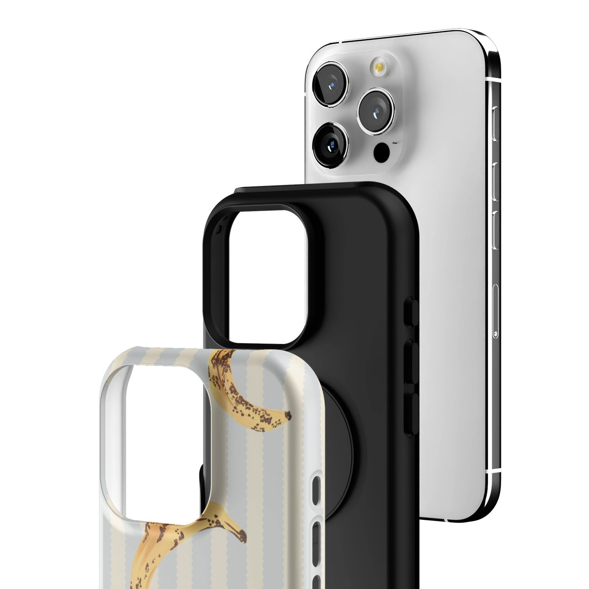 Exploded view of the Striped Bananas Personalized iPhone 16 Pro case: printed shell, black inner layer with MagSafe ring, and phone