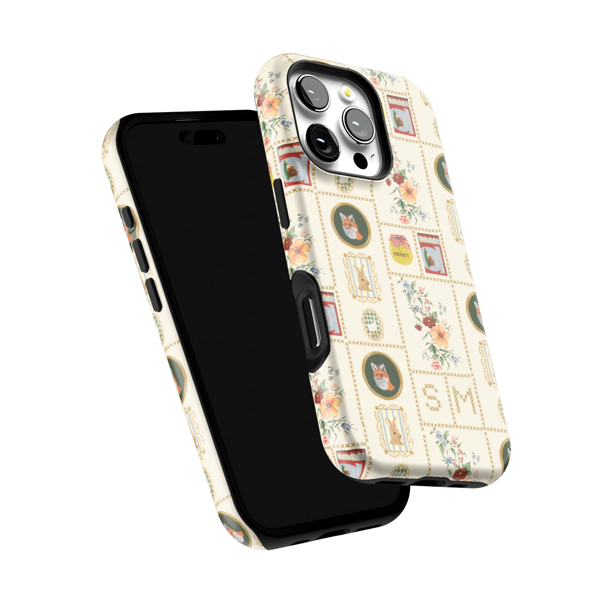 Sampler Personalized iPhone 16 Pro case tilted to show the raised edges around the screen and camera