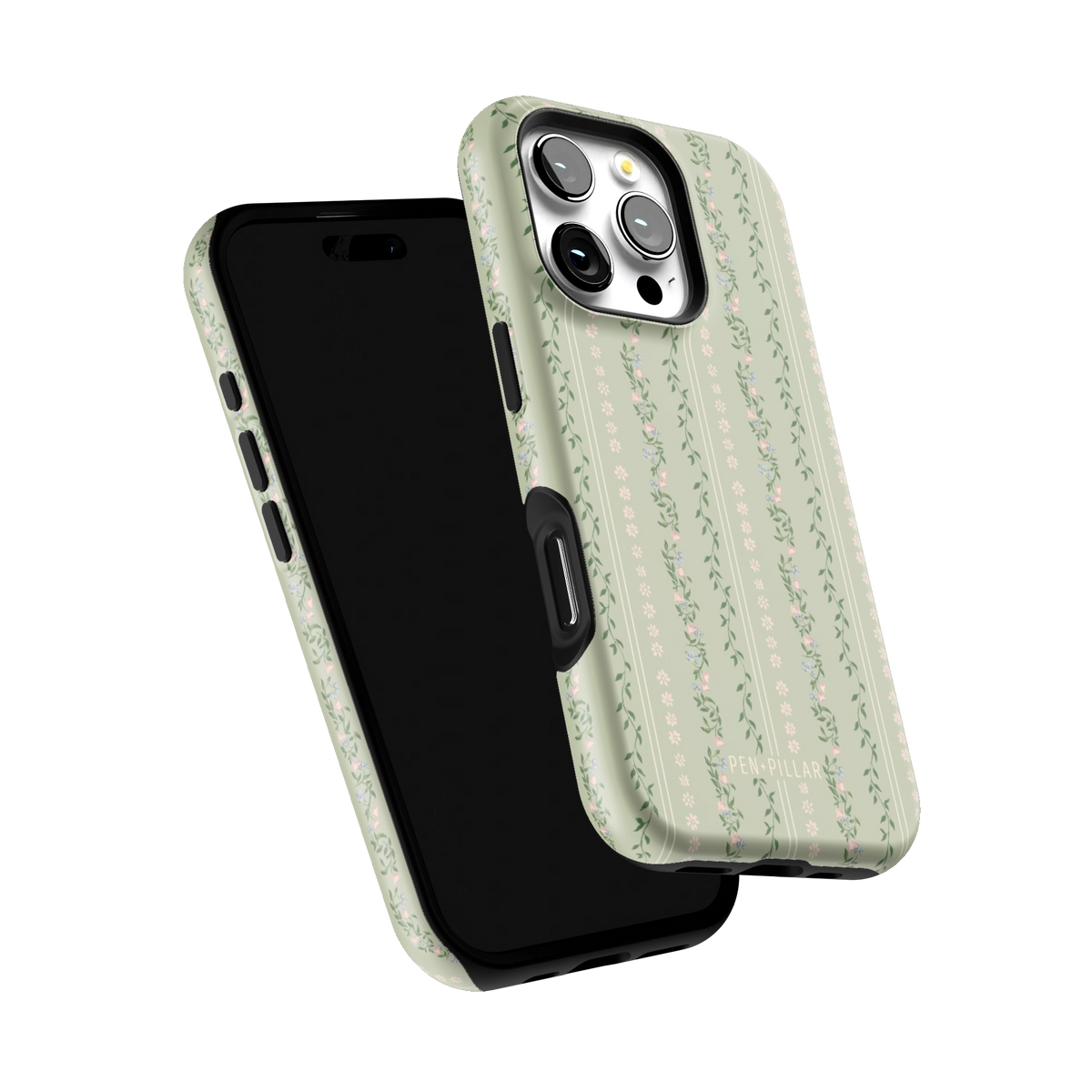 Camellia iPhone 16 Pro case tilted to show the raised edges around the screen and camera