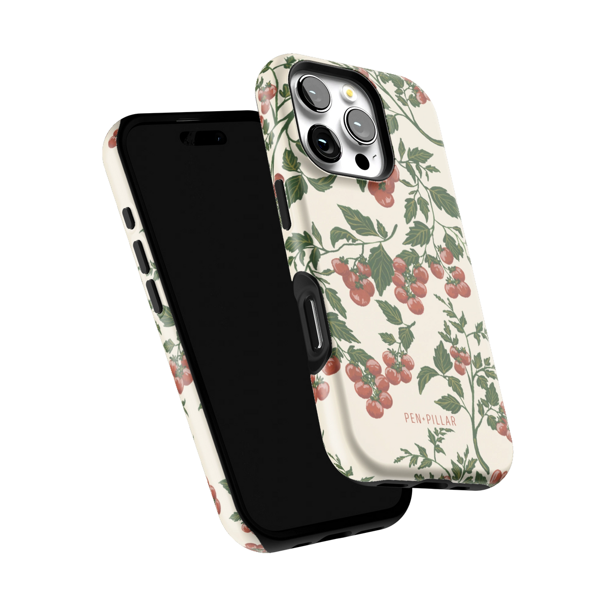 Tomato Vines iPhone 16 Pro case tilted to show the raised edges around the screen and camera