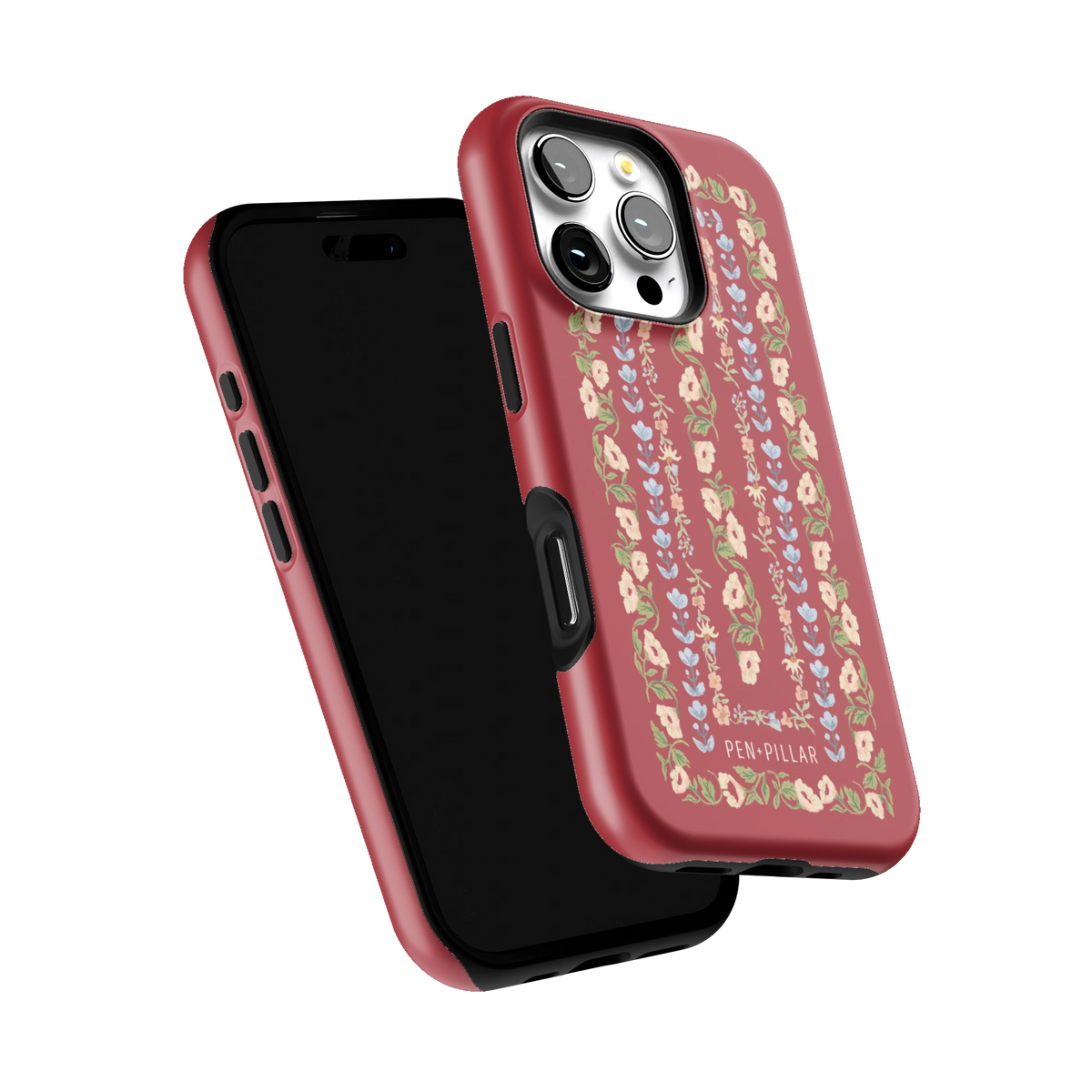 Fiona iPhone 16 Pro case tilted to show the raised edges around the screen and camera