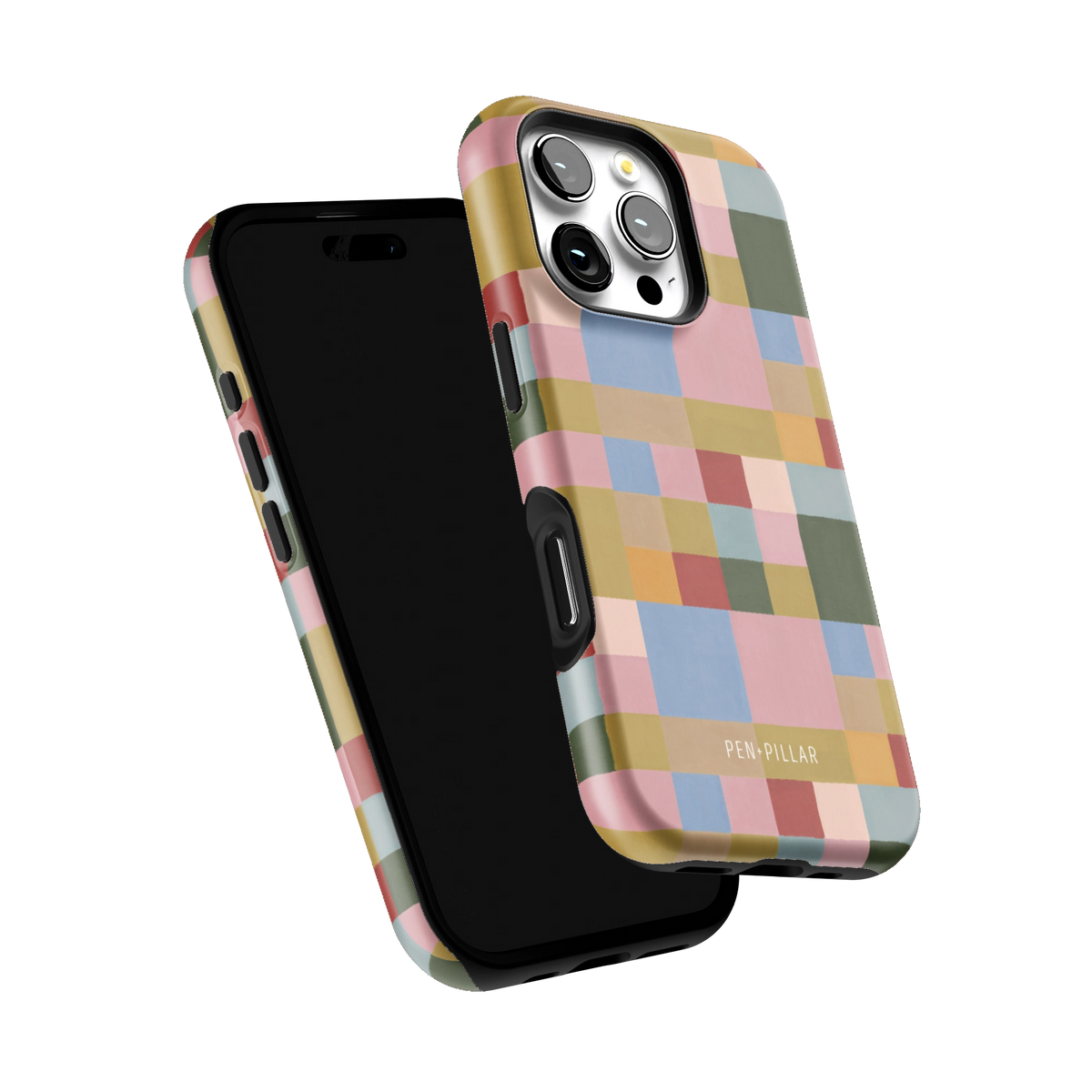 Colorblock iPhone 16 Pro case tilted to show the raised edges around the screen and camera