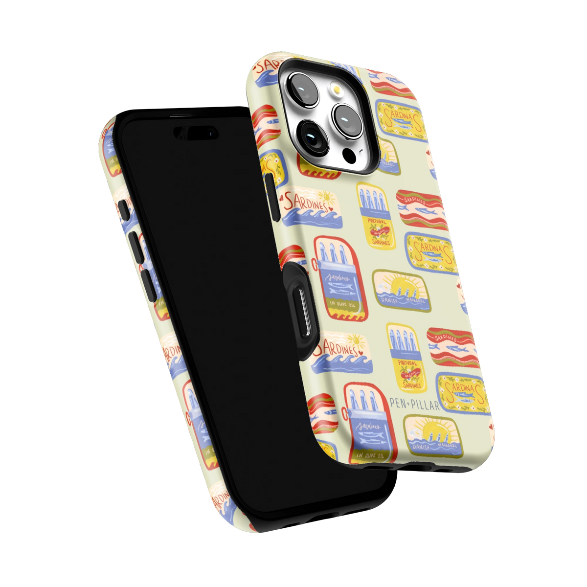 Sardines iPhone 16 Pro case tilted to show the raised edges around the screen and camera