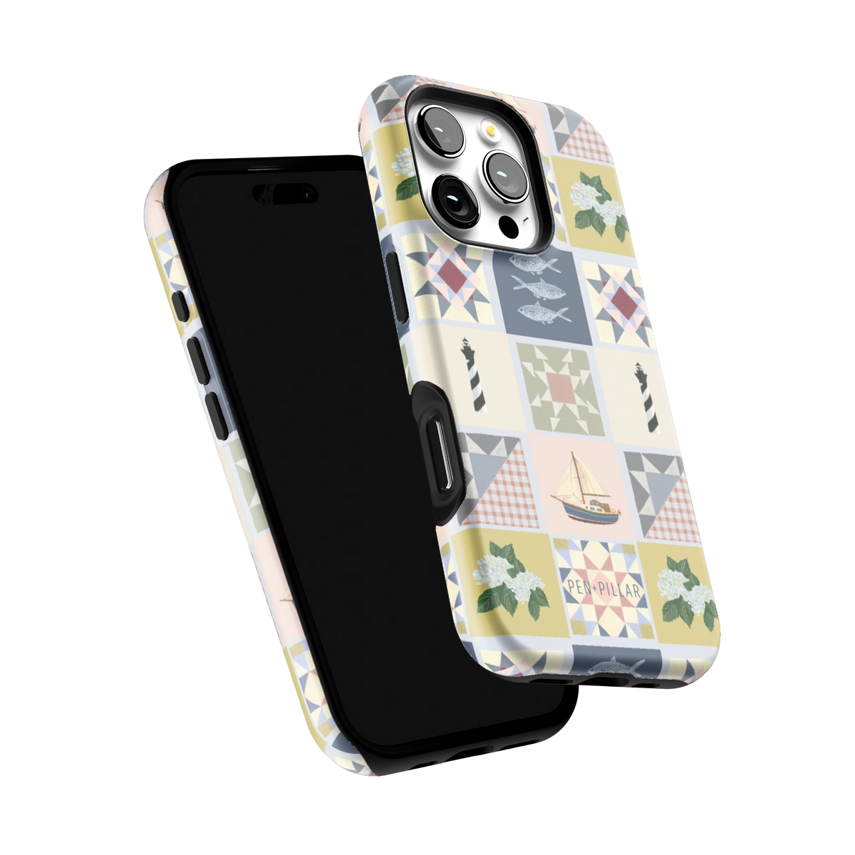 Coastal Quilt iPhone 16 Pro case tilted to show the raised edges around the screen and camera