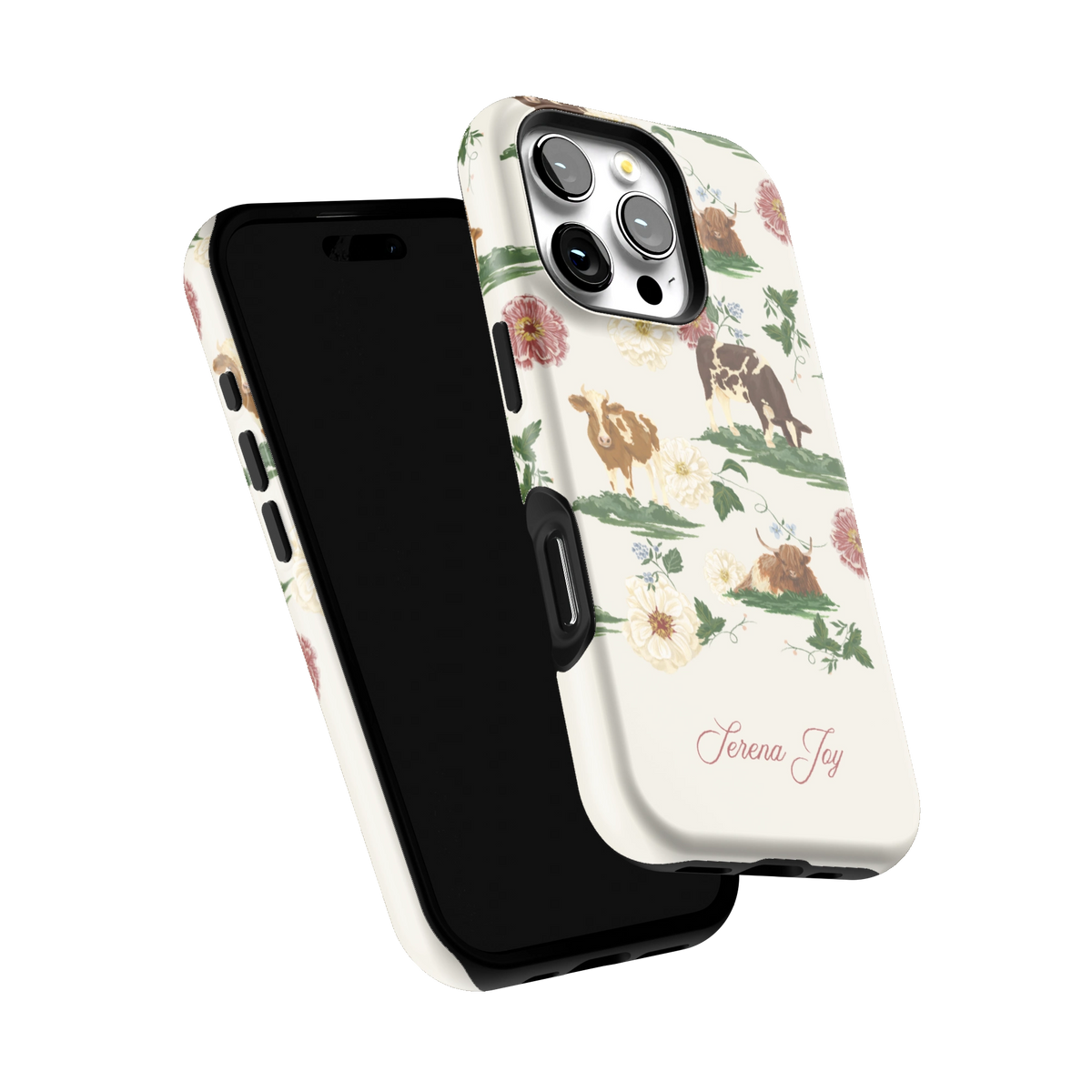 Pasture Personalized iPhone 16 Pro case tilted to show the raised edges around the screen and camera