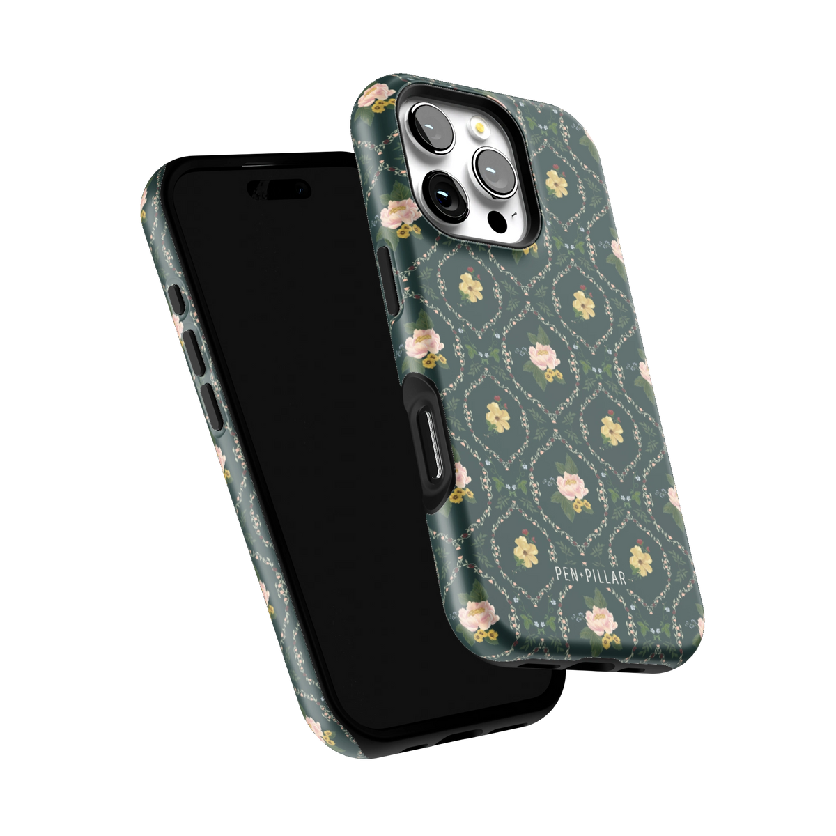 Meadow iPhone 16 Pro case tilted to show the raised edges around the screen and camera