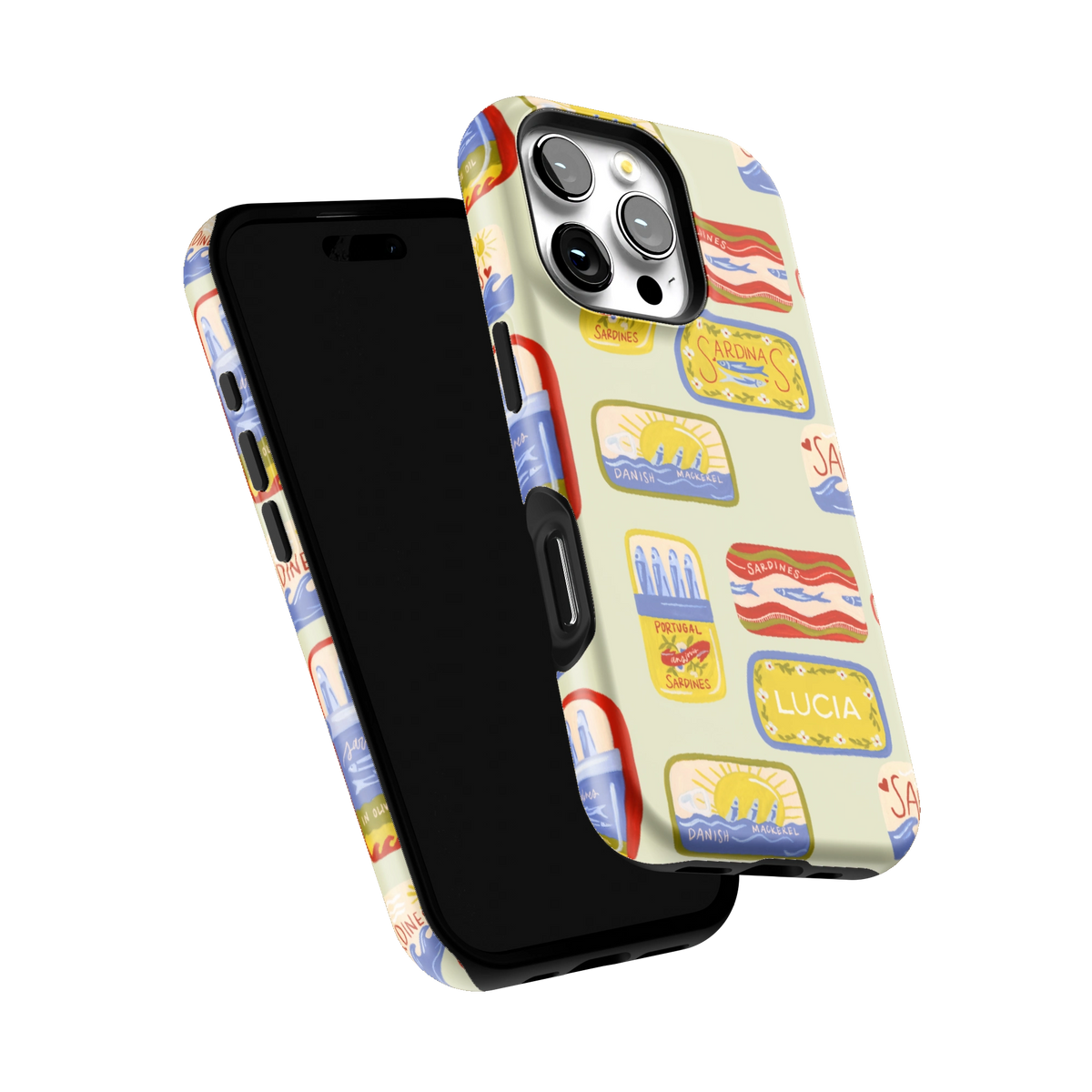 Sardines Personalized iPhone 16 Pro case tilted to show the raised edges around the screen and camera