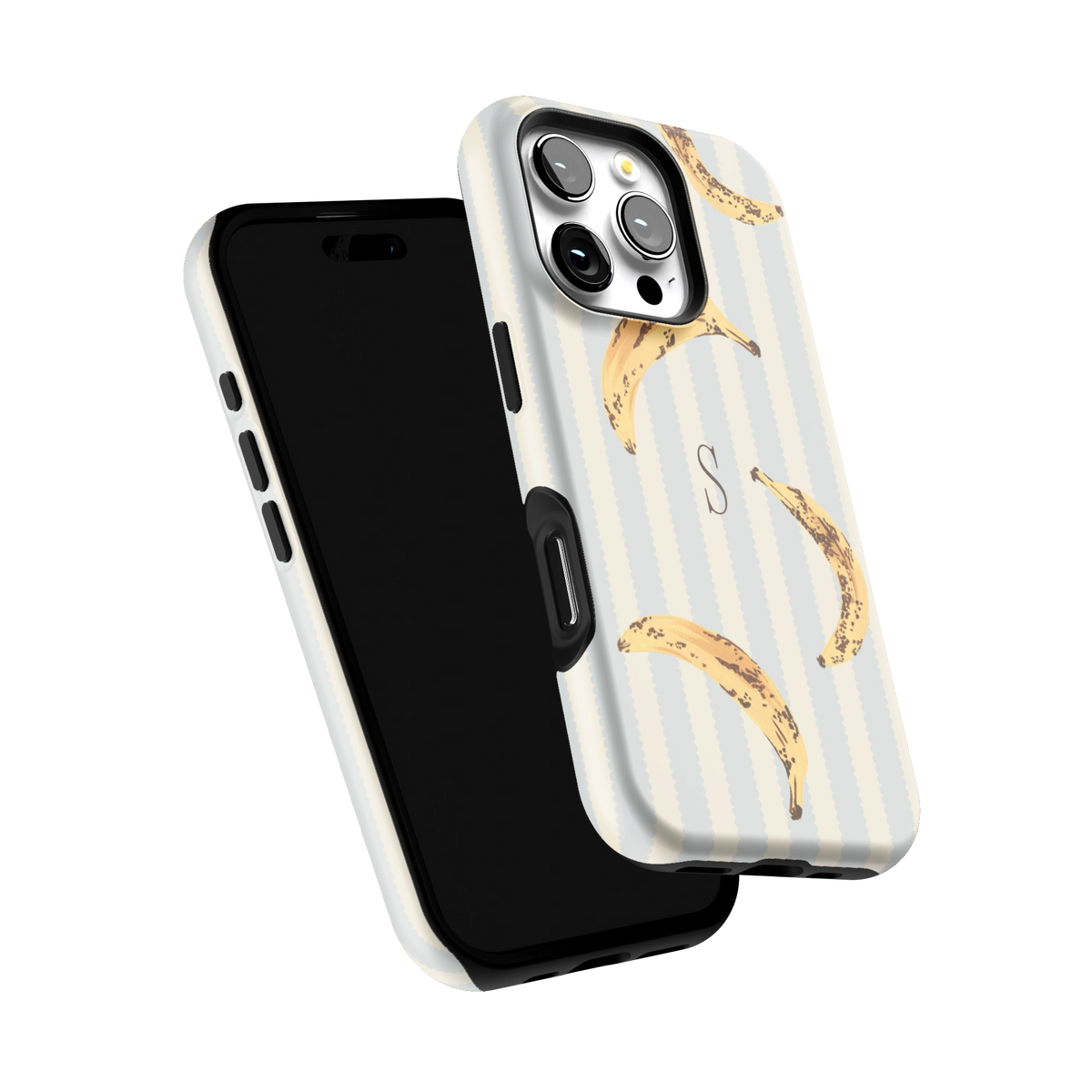 Striped Bananas Personalized iPhone 16 Pro case tilted to show the raised edges around the screen and camera