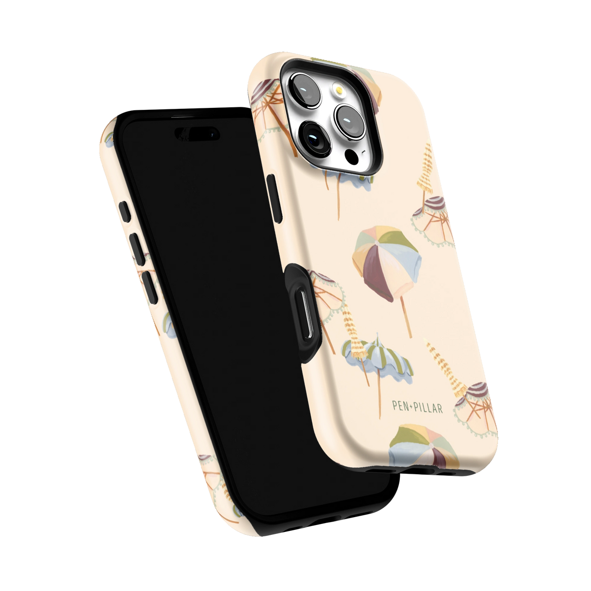 Umbrellas iPhone 16 Pro case tilted to show the raised edges around the screen and camera