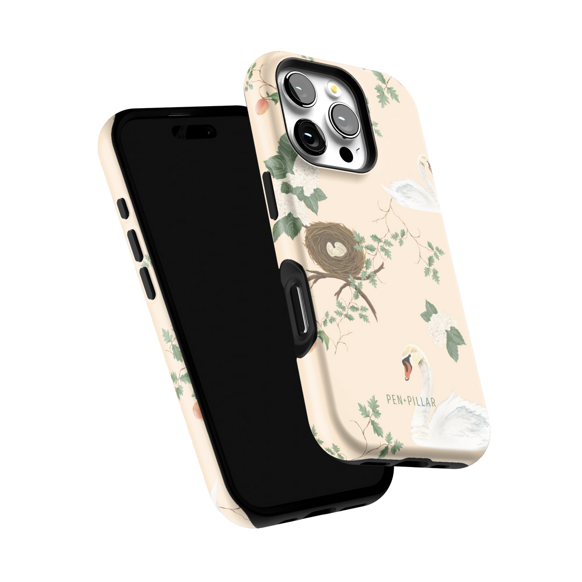 Swan Hollow iPhone 16 Pro case tilted to show the raised edges around the screen and camera
