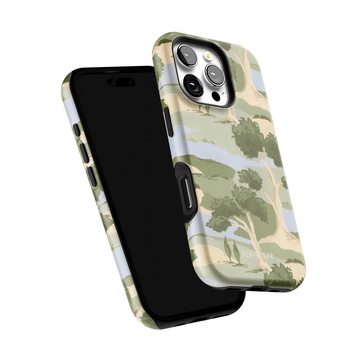 Orchard iPhone 16 Pro case tilted to show the raised edges around the screen and camera