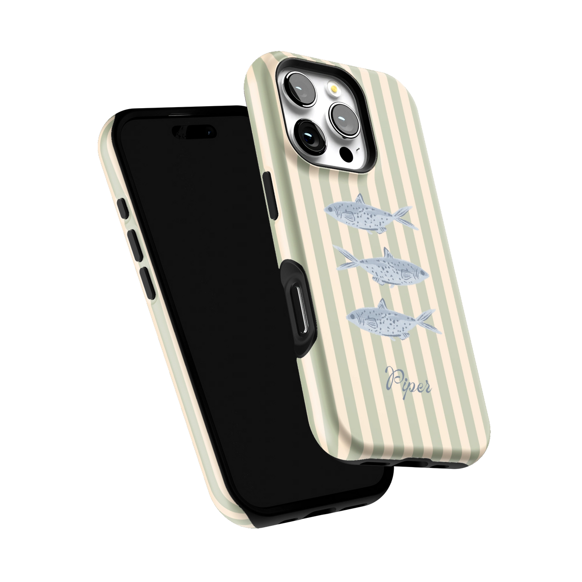 Sea Stripes Personalized iPhone 16 Pro case tilted to show the raised edges around the screen and camera