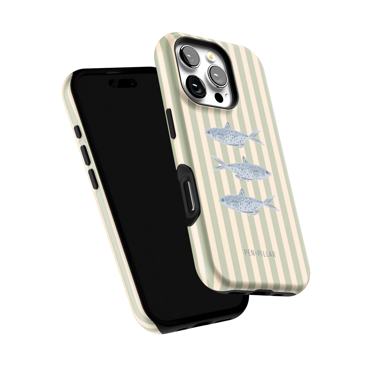 Sea Stripes iPhone 16 Pro case tilted to show the raised edges around the screen and camera
