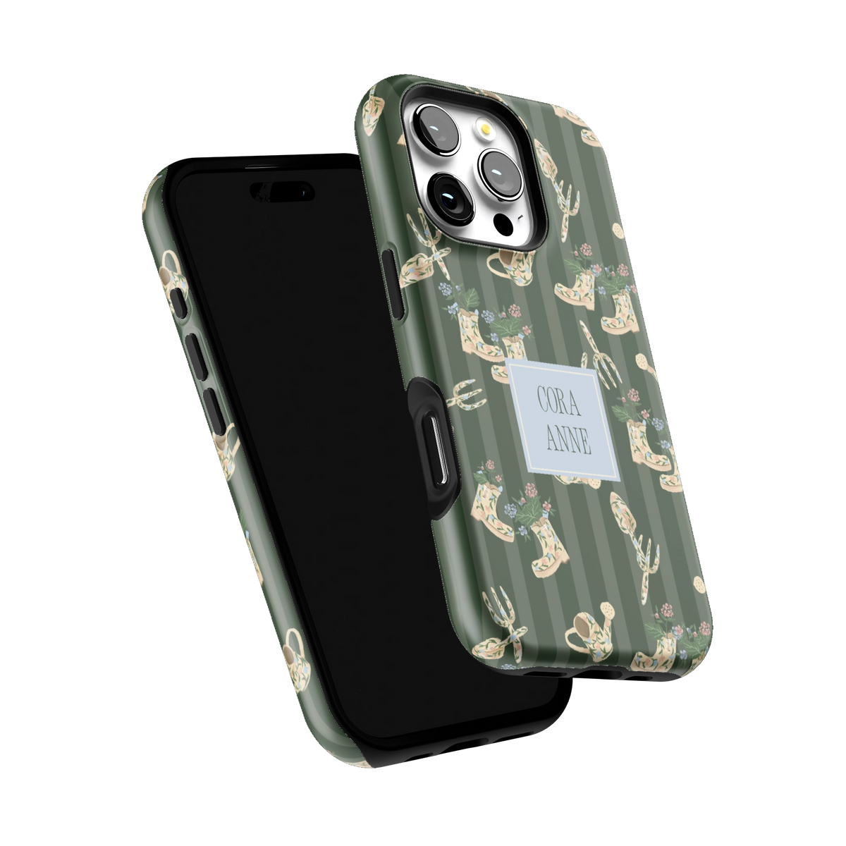In the Garden Personalized iPhone 16 Pro case tilted to show the raised edges around the screen and camera