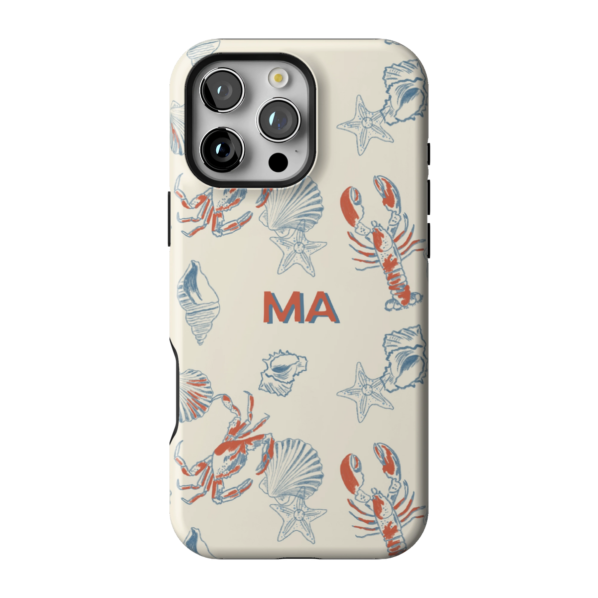 Mariner Personalized case on iPhone 16 Pro Max, back view: red lobsters, blue crabs and seashells on cream with the initials MA