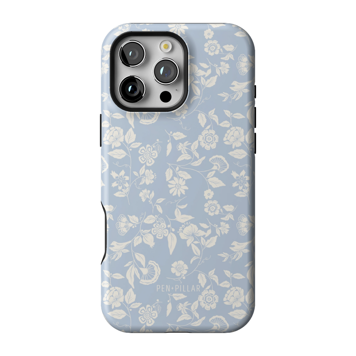 Spritz case on iPhone 16 Pro Max, back view: white florals on soft blue