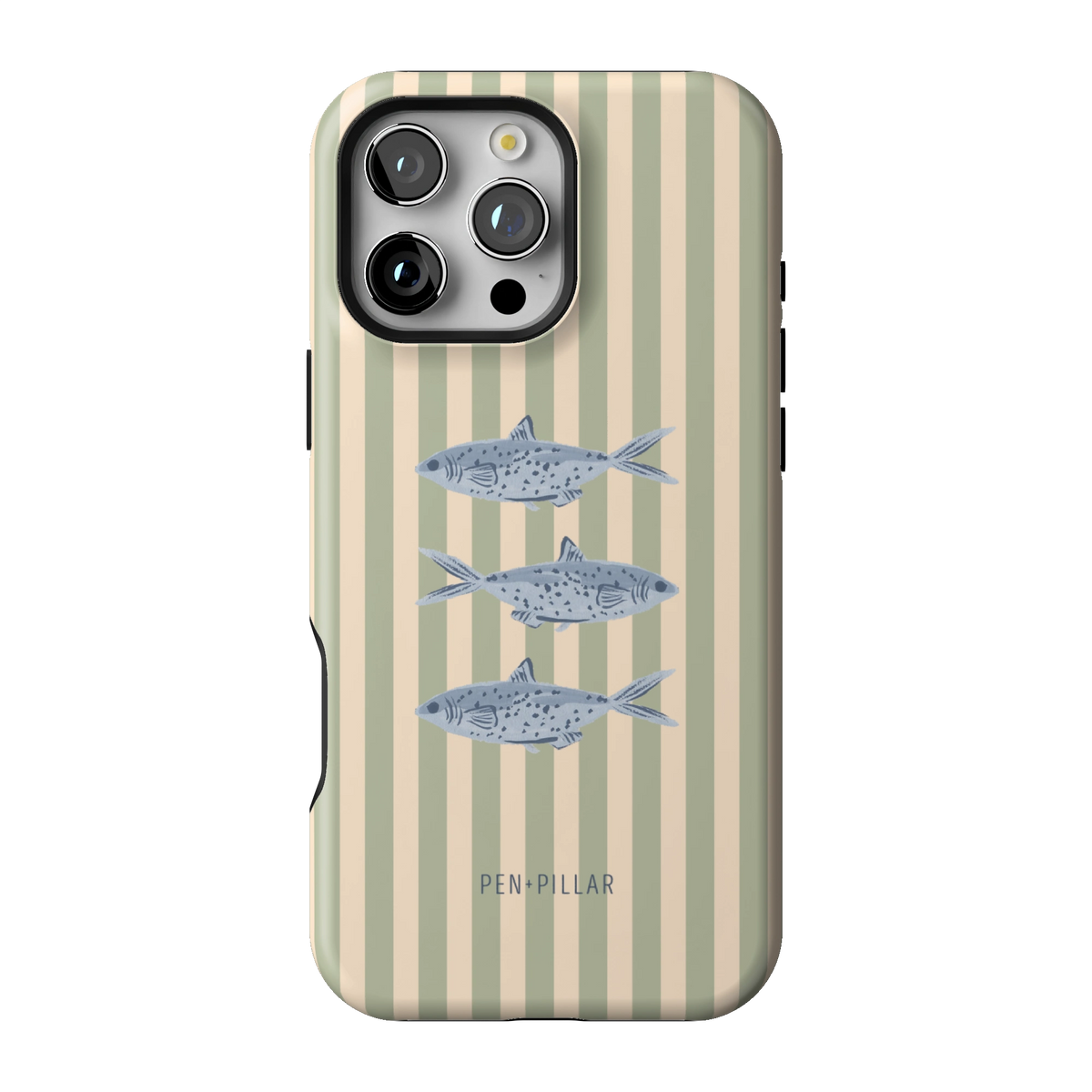 Sea Stripes case on iPhone 16 Pro Max, back view: blue fish on sage and cream stripes