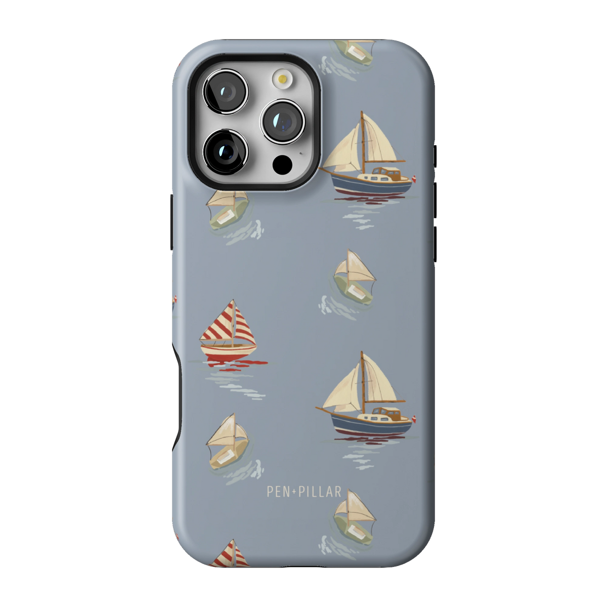 Harbor case on iPhone 16 Pro Max, back view: sailboats and paper boats on dusty blue