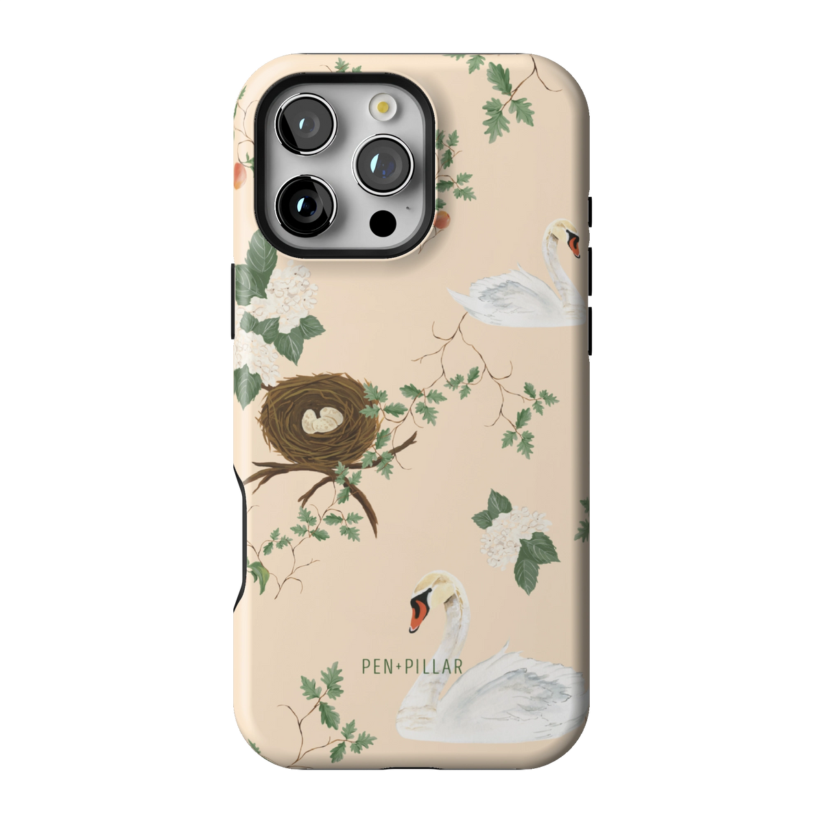 Swan Hollow case on iPhone 16 Pro Max, back view: swans, a bird's nest and trailing greenery on cream