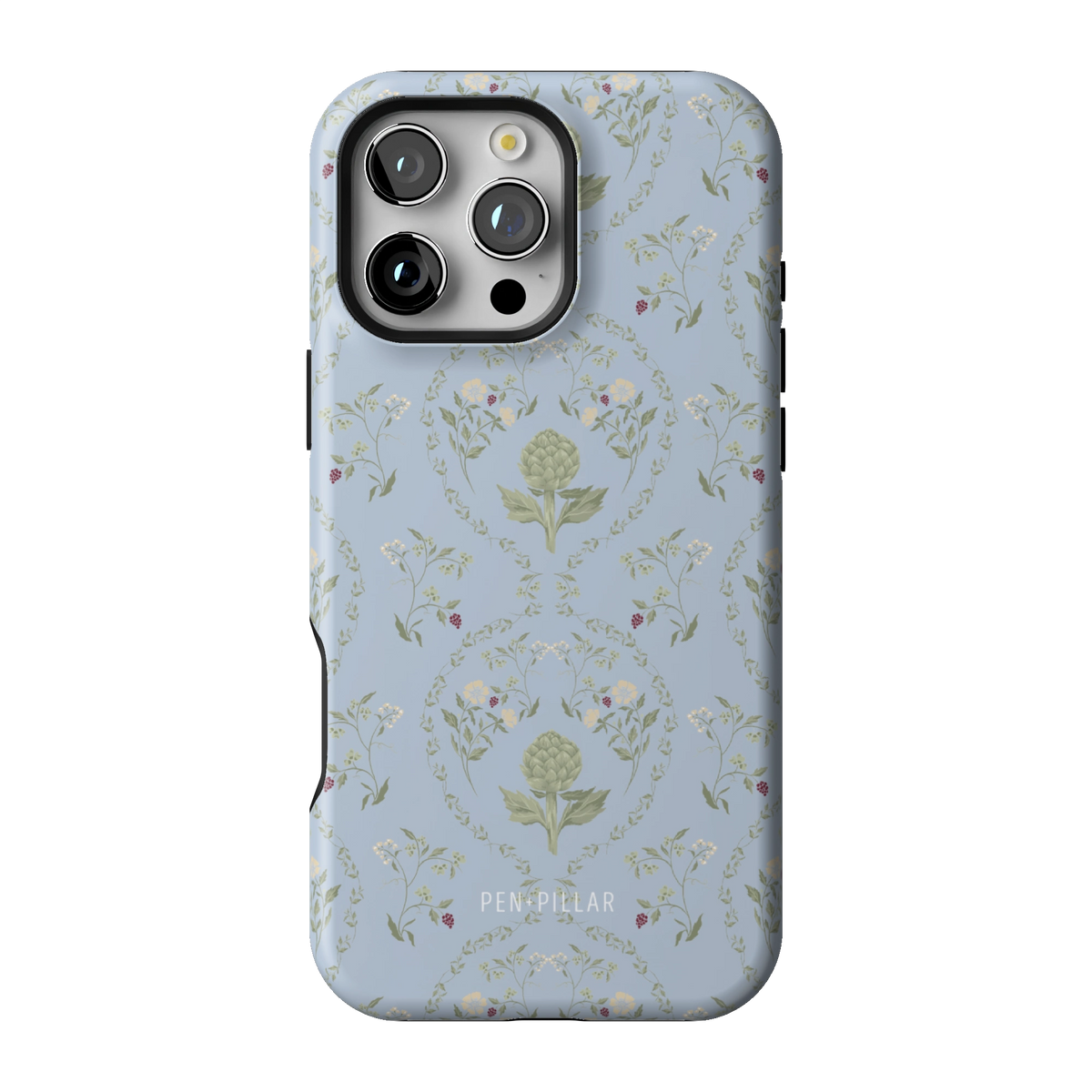 Artichoke case on iPhone 16 Pro Max, back view: soft green artichokes in a vintage trellis on dusty blue