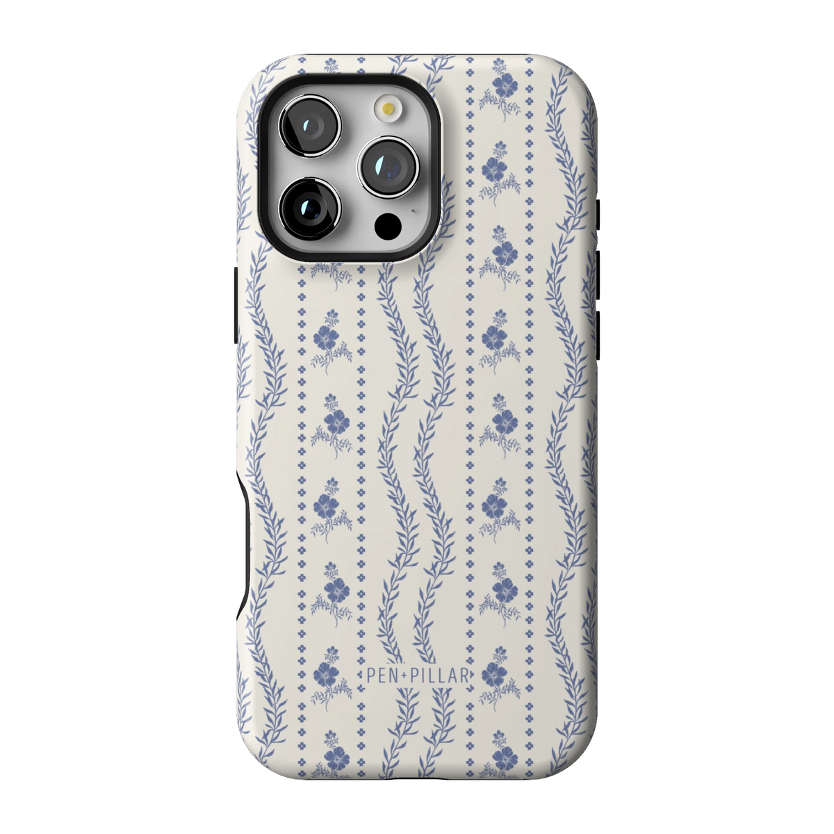 Riviera case on iPhone 16 Pro Max, back view: blue florals and vines in stripes on white
