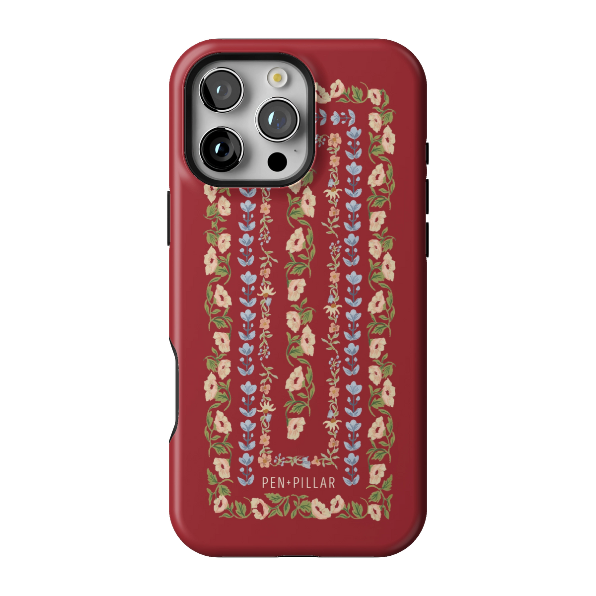 Fiona case on iPhone 16 Pro Max, back view: ornate floral stripes in cream, blush and blue on rich red