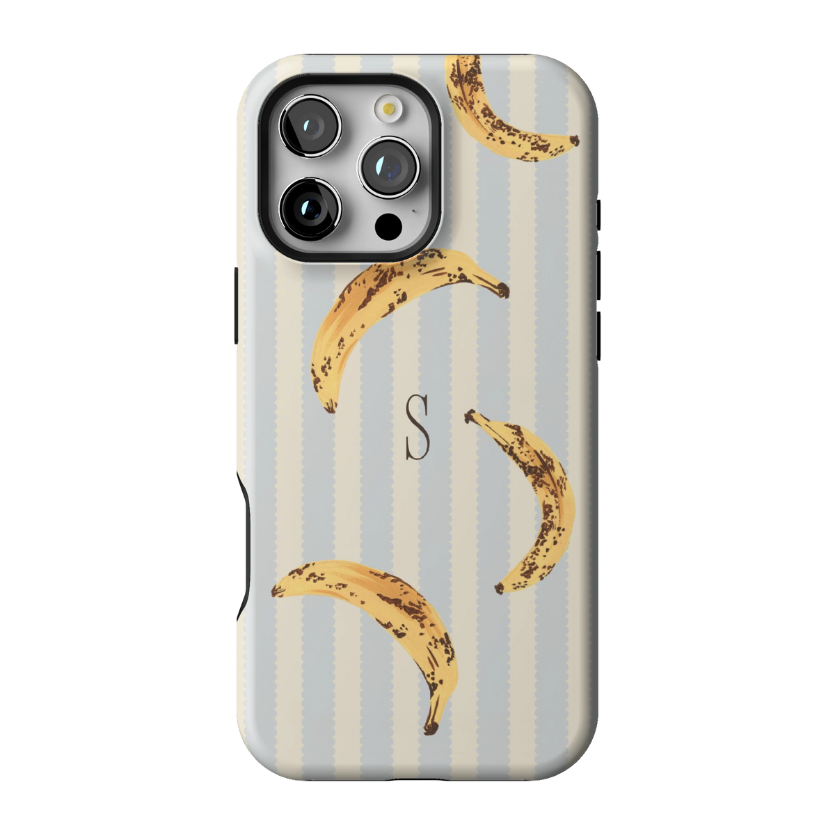 Striped Bananas Personalized case on iPhone 16 Pro Max, back view: ripe bananas on pale blue and cream stripes with the initial S