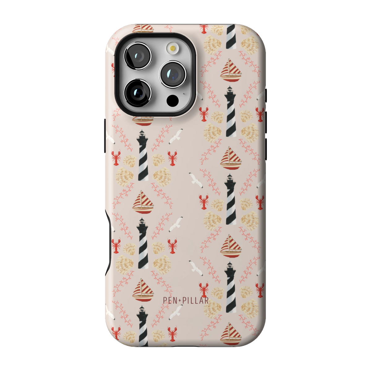 Lighthouse case on iPhone 16 Pro Max, back view: striped lighthouses, lobsters and seashells on blush