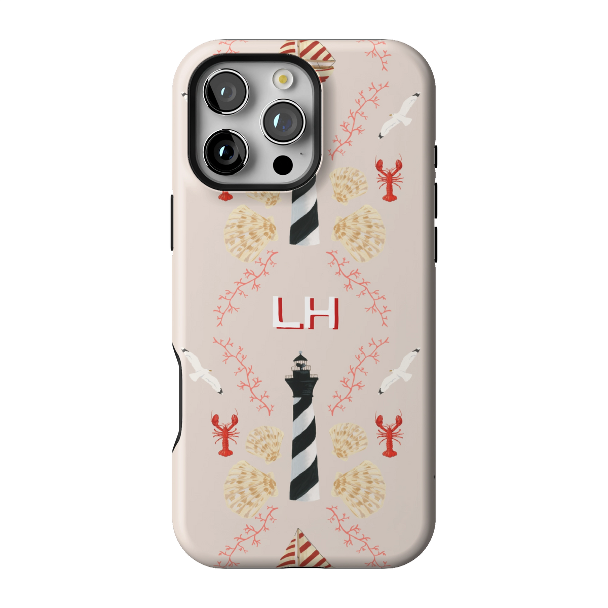 Lighthouse Personalized case on iPhone 16 Pro Max, back view: striped lighthouses, lobsters and seashells on blush with the initials LH