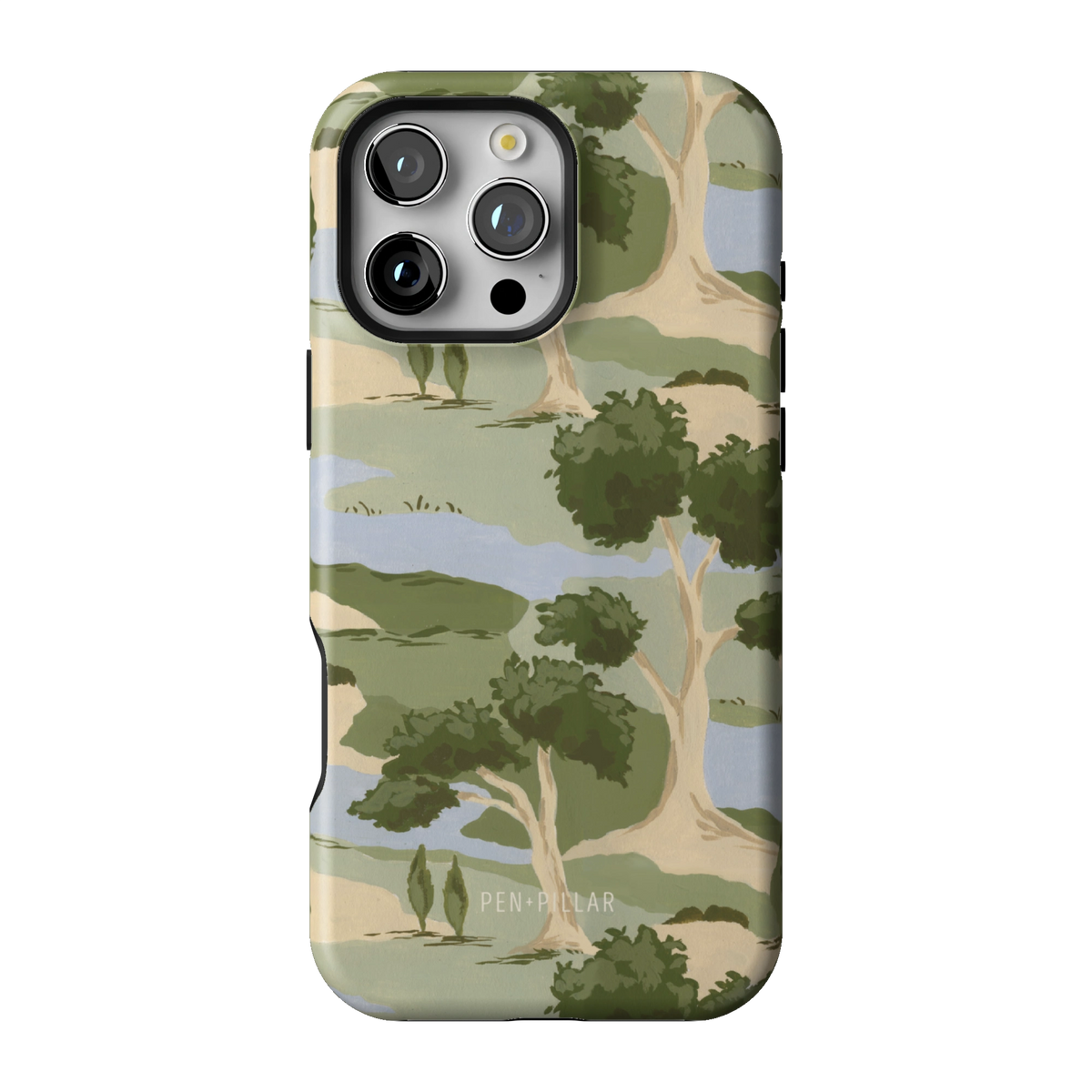 Orchard case on iPhone 16 Pro Max, back view: rolling green trees and winding blue streams on cream