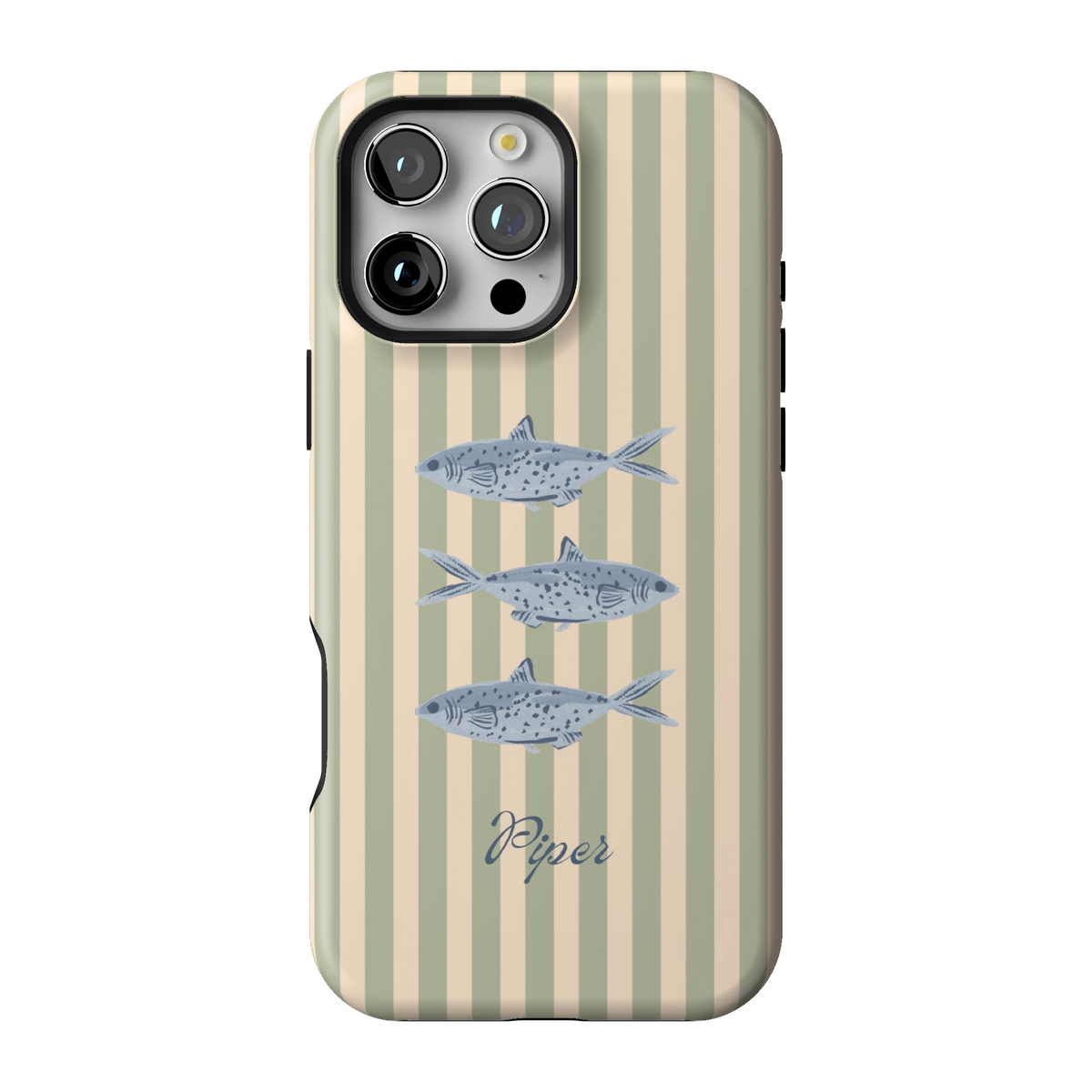 Sea Stripes Personalized case on iPhone 16 Pro Max, back view: blue fish on sage and cream stripes with the name Piper